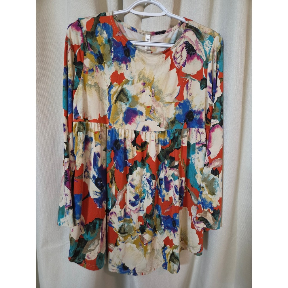 Emerald Women Large Floral Babydoll Tunic Top Long Sleeve Multi-Color Abstract